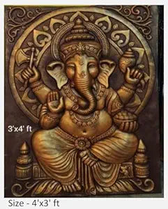 NATURE SQUARE 3D Elevation Fiber Relief Mural Wall Art Decor, Ganpati with Carving, Actual Size 4x3 Feet