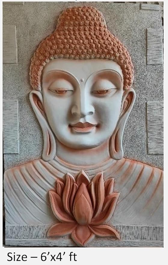 NATURE SQUARE Majestic 3D Buddha Head with Lotus || Exquisite Fiber Relief Mural Wall Art (6/4 Feet ||