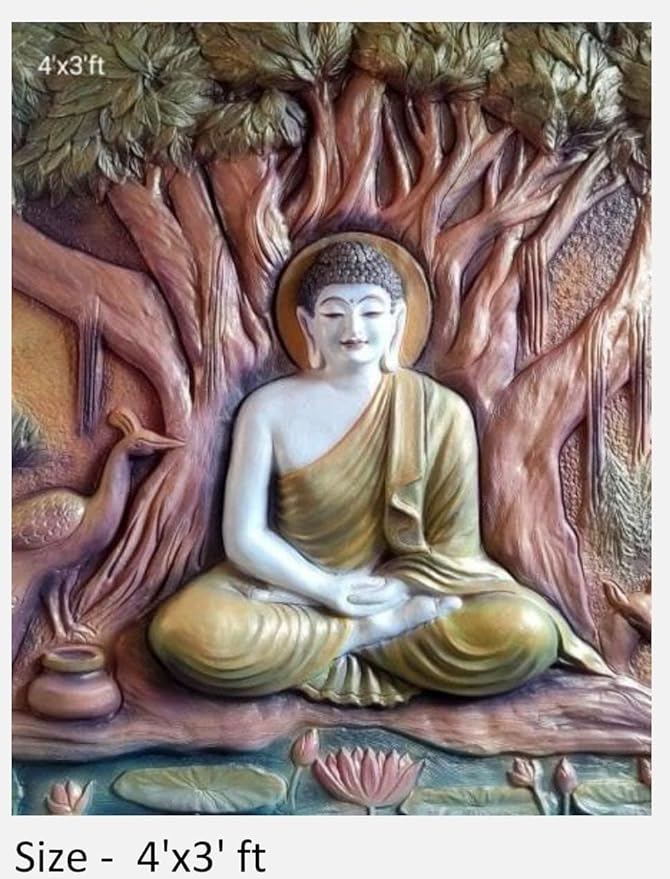 NATURE SQUARE Enlightened Buddha in Tranquil Tree Setting || 3D Fiber Relief Wall Art (4/3 ft) ||