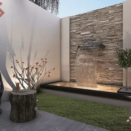 Indoor/outside sheet fountain with natural stone cladding