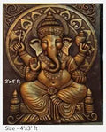 NATURE SQUARE 3D Elevation Fiber Relief Mural Wall Art Decor, Ganpati with Carving, Actual Size 4x3 Feet