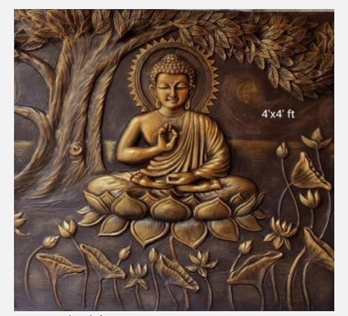 NATURE SQUARE 4/4 Feet Buddha in Meditation 3D Elevation Fiber Relief Mural Wall Art || Handcrafted, Spiritual Home Decor for Living Room, Office & Meditation Space ||
