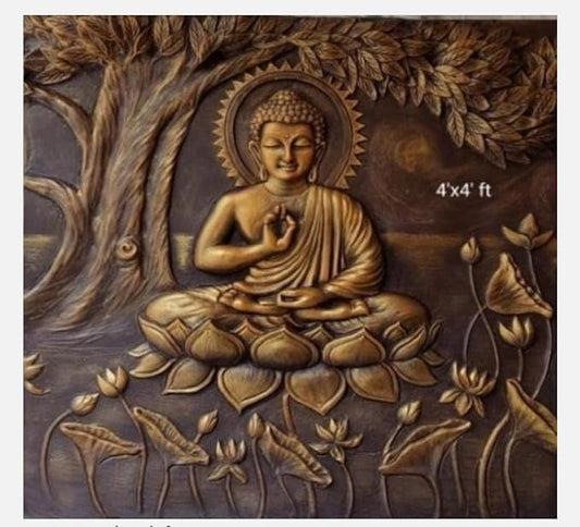 NATURE SQUARE 4/4 Feet Buddha in Meditation 3D Elevation Fiber Relief Mural Wall Art || Handcrafted, Spiritual Home Decor for Living Room, Office & Meditation Space ||