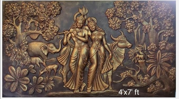 NATURE SQUARE Radha Krishna 3D Elevation Fiber Relief Mural Wall Art Decor, Actual Size 4/7 feet