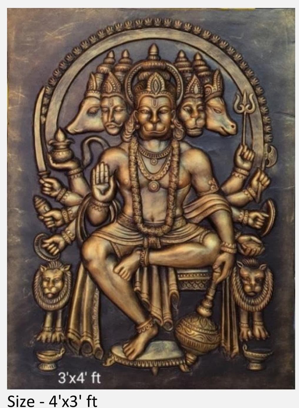NATURE SQUARE Lord Panchmukhi Hanumaan 3D Elevation fiber Relief Mural Wall Art decor Actual Size 3/4 feet