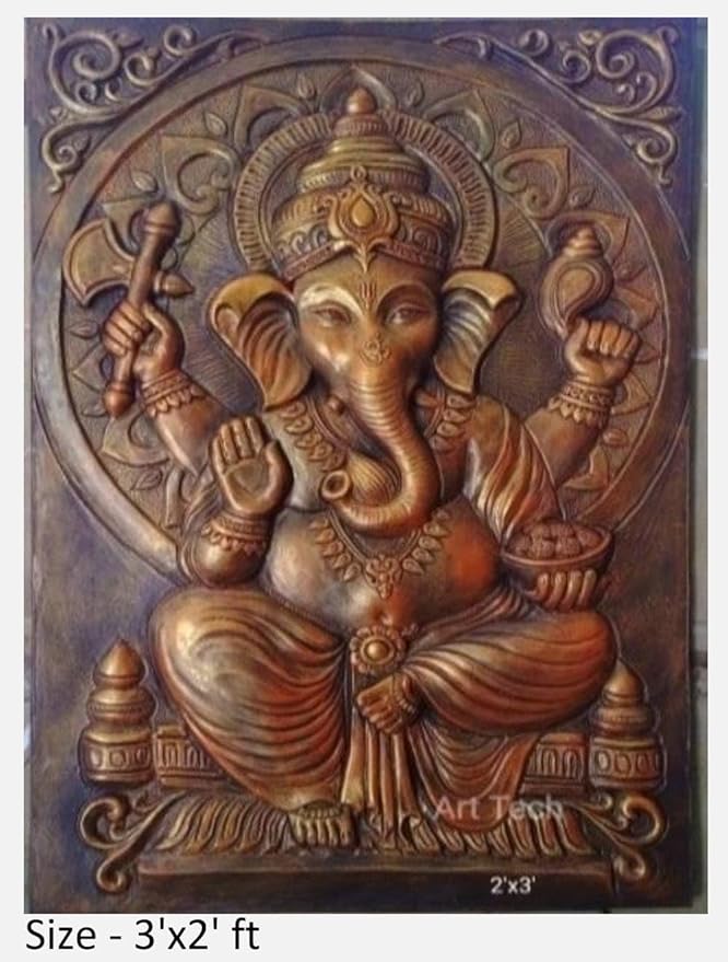 NATURE SQUARE Ganpati 3D Elevation || Fiber Relief Mural Wall Art - 3x2 Feet ||