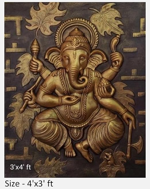 NATURE SQUARE Ganpati with Leaf Carving 3D Elevation || Fiber Relief Mural Wall Art - 4x3 Feet ||