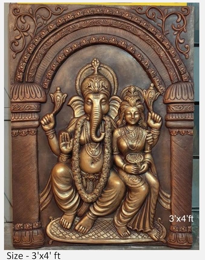 NATURE SQUARE Laxmi Ganesh || 3D Elevation Fiber Relief Mural Wall Art (3/4 Feet) ||
