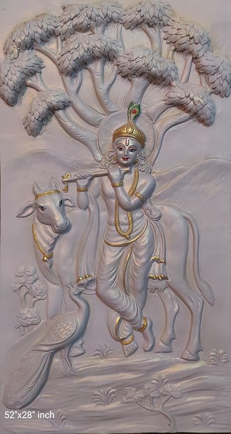 NATURE SQUARE Radha Krishna 3D Elevation fiber Relief Mural Wall Art decor, Actual Size 52/28 inch.