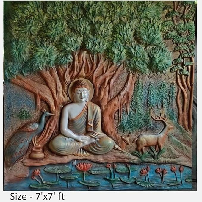 NATURE SQUARE Serene Majesty Size 7/7 feet || 3D Fiber Relief Buddha Under the Tree - Majestic Mural Wall Art ||