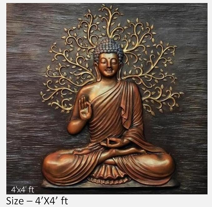 NATURE SQUARE Serene Buddha Sitting 3D Fiber Relief Wall Art || Majestic 4x4 Feet Elevation Mural for Tranquil Home Decor ||
