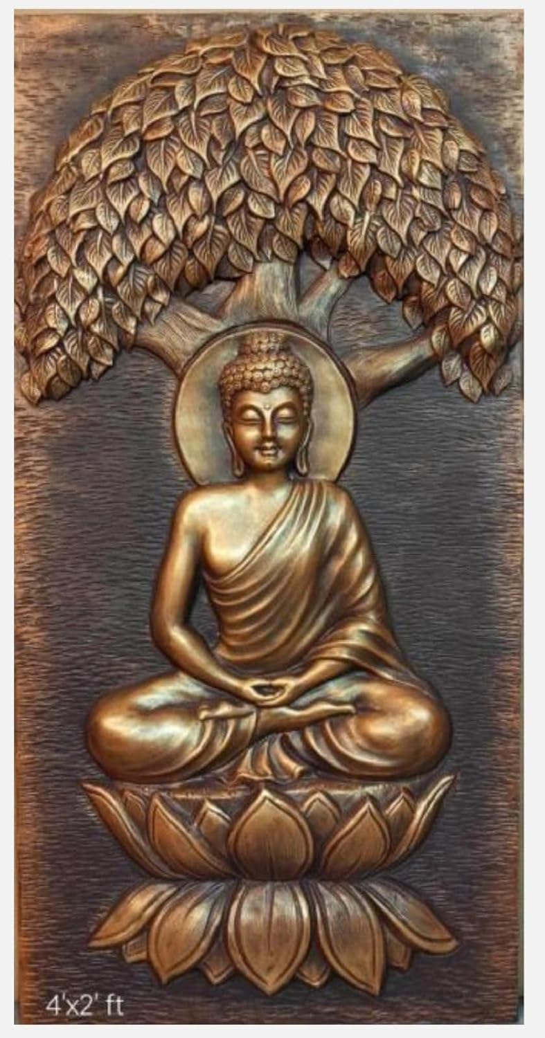 NATURE SQUARE Lotus Buddha 3D Elevation Fiber Relief || Wall Art - 4x2 Feet Mural Decor ||
