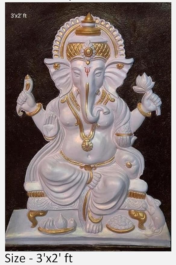 NATURE SQUARE Ganpati White Colour 3D Elevation || Fiber Relief Mural Wall Art - 3/2 Feet ||