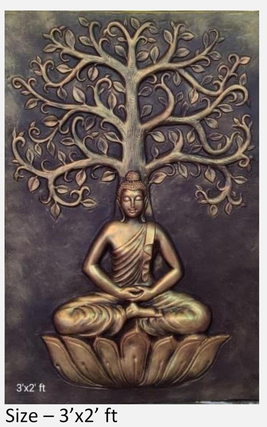 NATURE SQUARE Spiritual Harmony || Lotus Buddha Under Tree - 3D Fiber Relief Wall Sculpture (3x2 Feet) ||