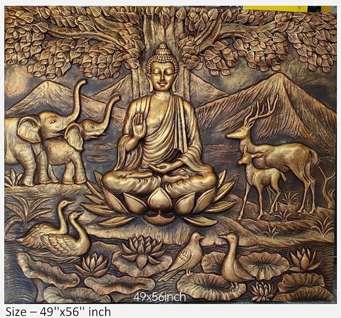 NATURE SQUARE Serene Buddha with Forest Animals || 3D Elevation Fiber Relief Mural Wall Art (49"/56") ||